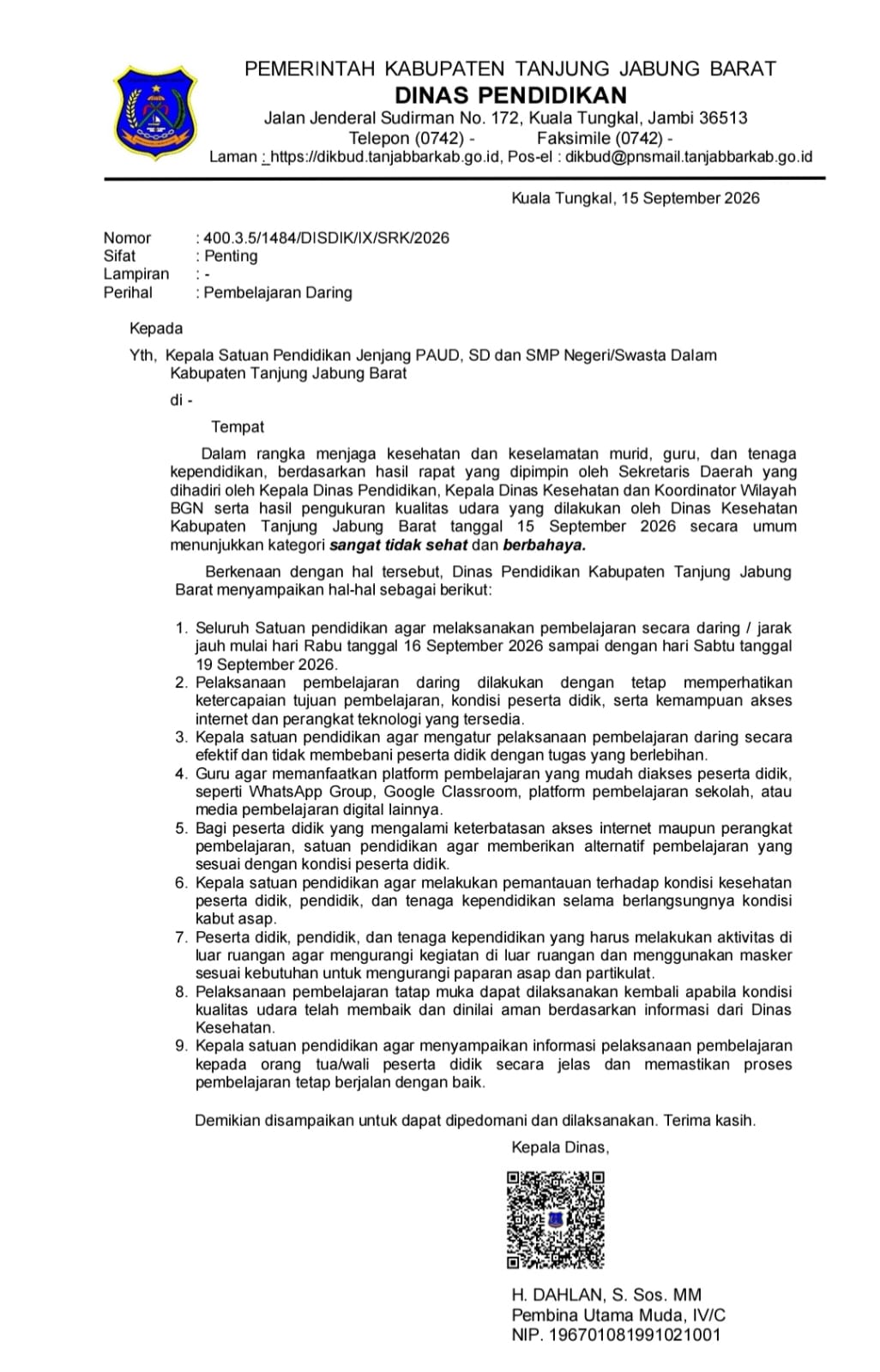 Udara Sangat Tidak Sehat, Disdik Tanjab Barat Liburkan Tatap Muka dan Terapkan Belajar Daring. 1 Udara Sangat Tidak Sehat, Disdik Tanjab Barat Liburkan Tatap Muka dan Terapkan Belajar Daring.